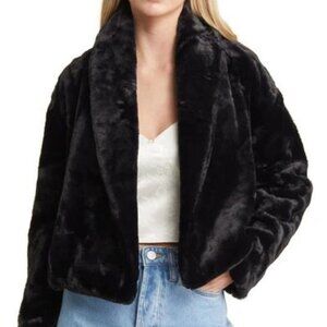 BLANK NYC Black Faux Fur Shawl Collar Crop Jacket Cozy Teddy Size S